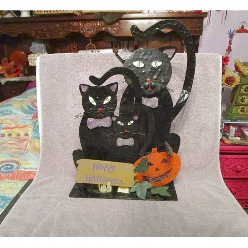 Vtg Halloween Yard Art Sculpture 23" Metal Display Black Cat Pumpkin Glitter